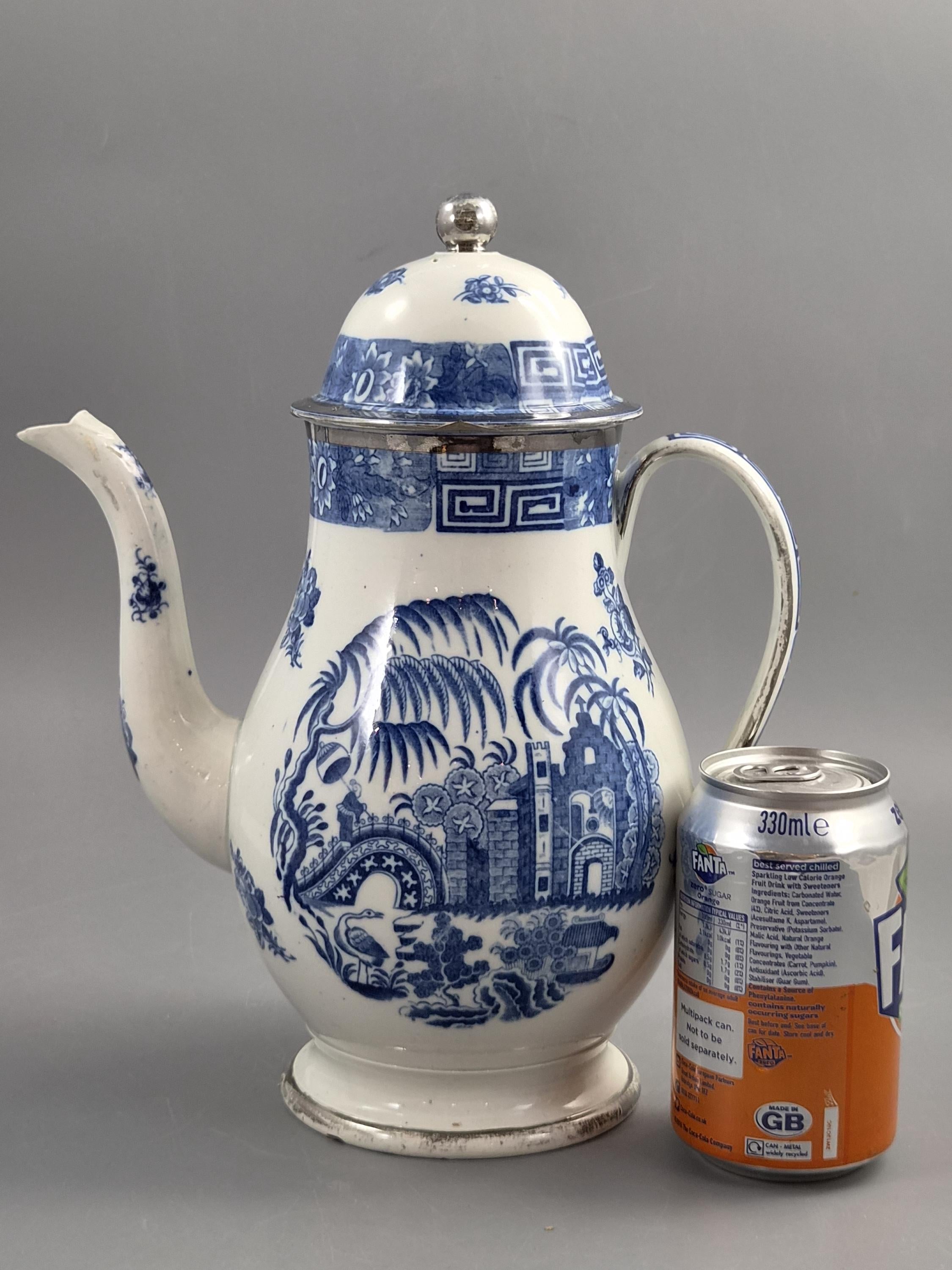 Rare Caughley Georgian Coffee Pot & Cover Temple Landscape Pattern Blue and White Transferware Chinoiserie Silver Mounted c.1780 English