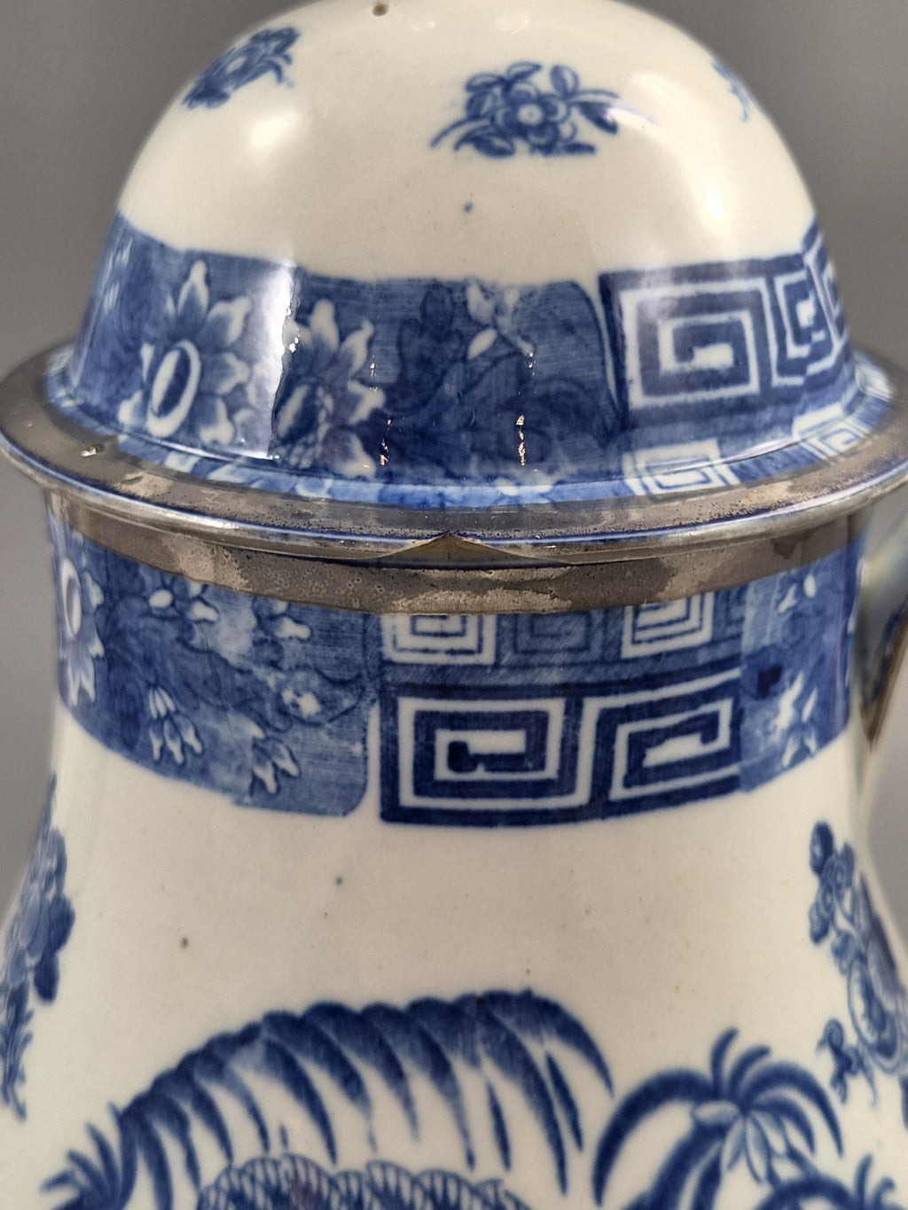 Rare Caughley Georgian Coffee Pot & Cover Temple Landscape Pattern Blue and White Transferware Chinoiserie Silver Mounted c.1780 English