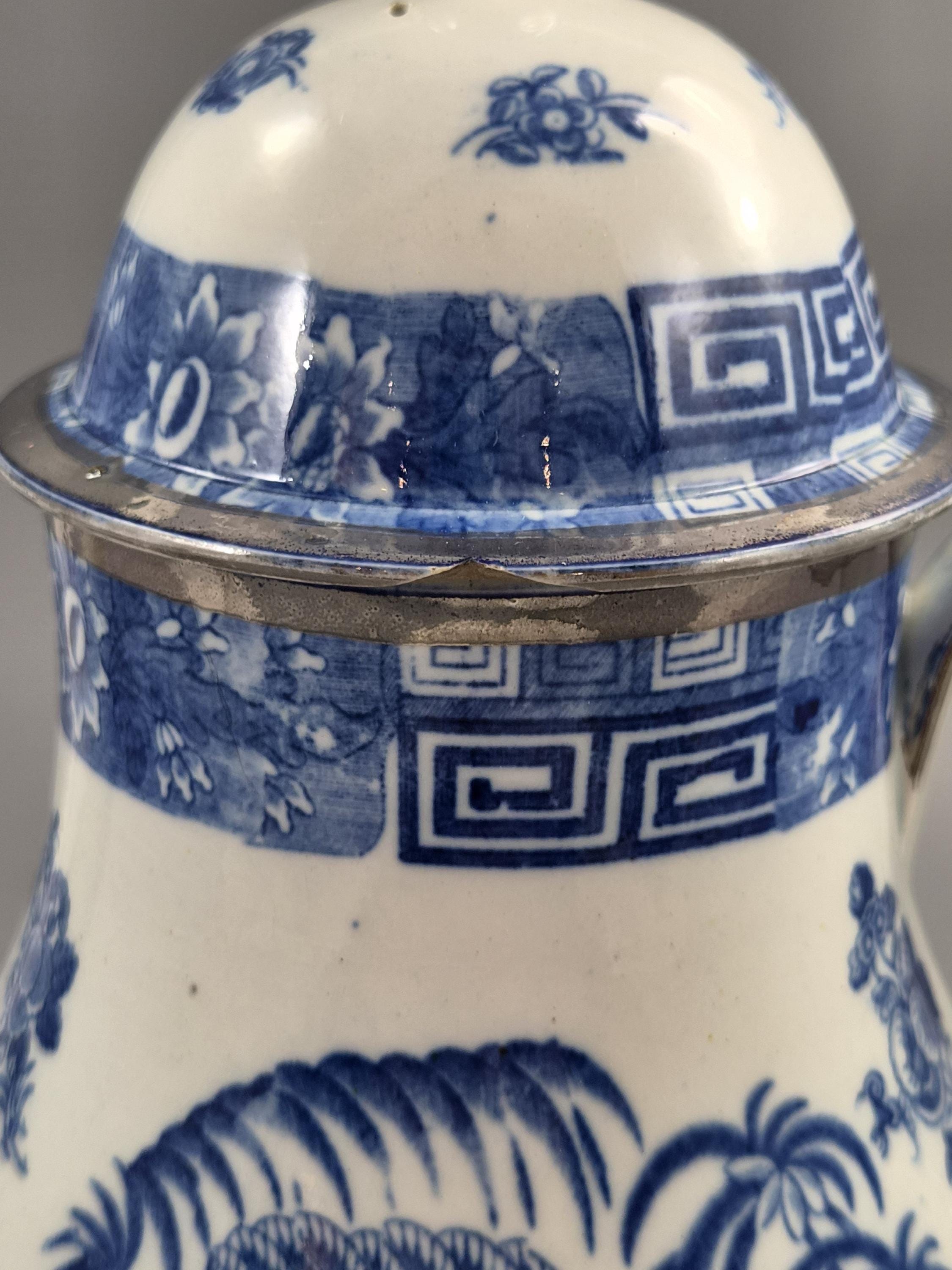 Rare Caughley Georgian Coffee Pot & Cover Temple Landscape Pattern Blue and White Transferware Chinoiserie Silver Mounted c.1780 English