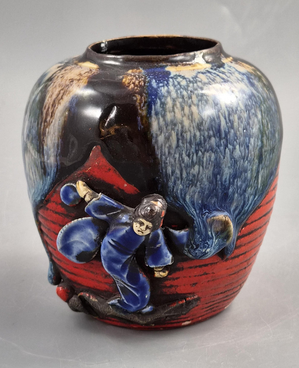 Japanese Sumida Gawa Jar Vase, Climbing Figure, Blue Flambé Glaze, Taishō–Shōwa c.1920–30s