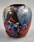 Japanese Sumida Gawa Jar Vase, Climbing Figure, Blue Flambé Glaze, Taishō–Shōwa c.1920–30s