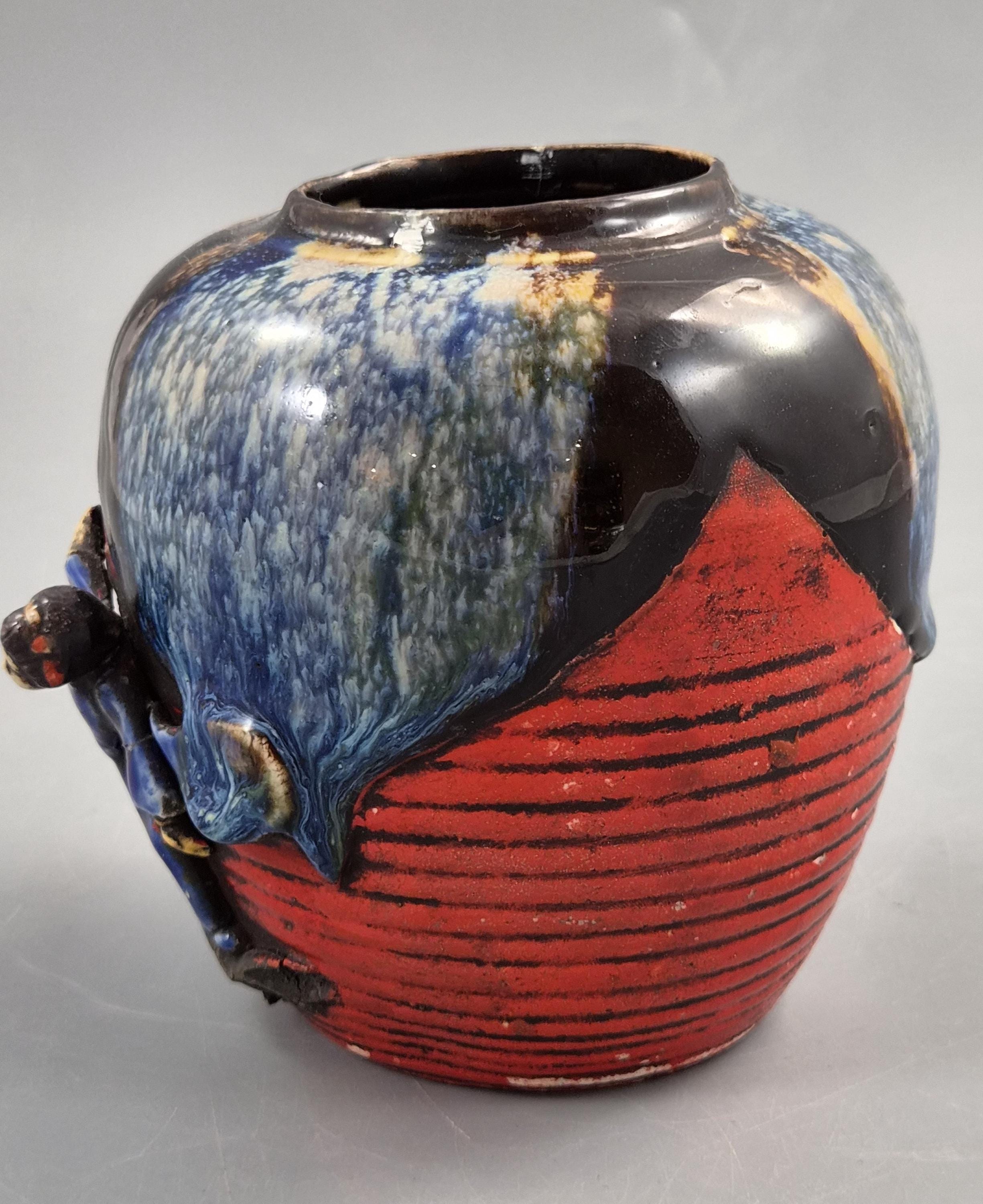 Japanese Sumida Gawa Jar Vase, Climbing Figure, Blue Flambé Glaze, Taishō–Shōwa c.1920–30s