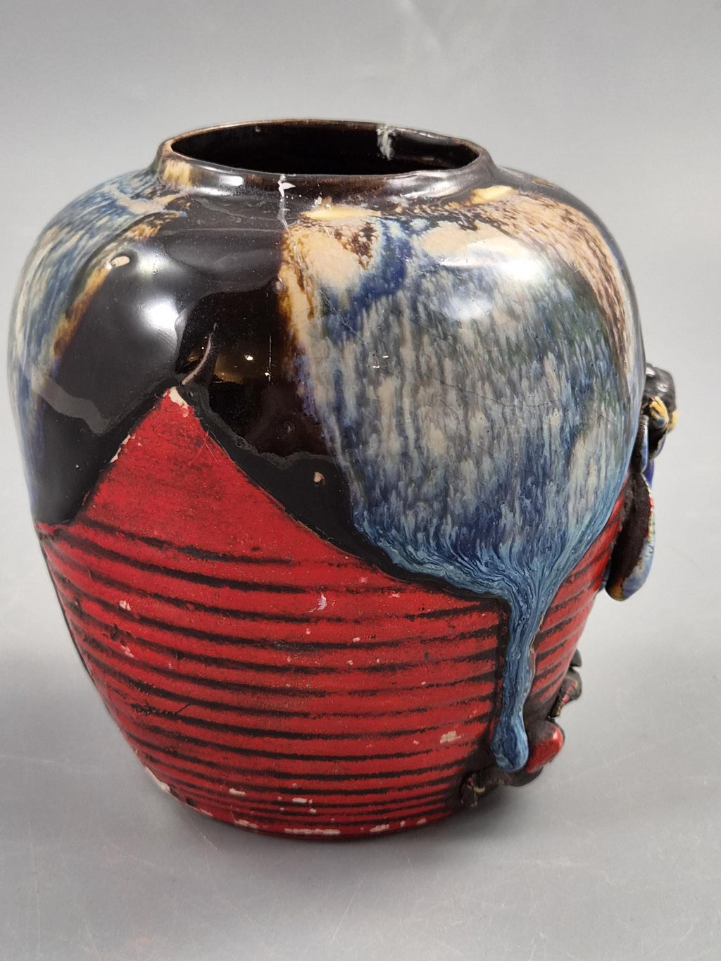 Japanese Sumida Gawa Jar Vase, Climbing Figure, Blue Flambé Glaze, Taishō–Shōwa c.1920–30s