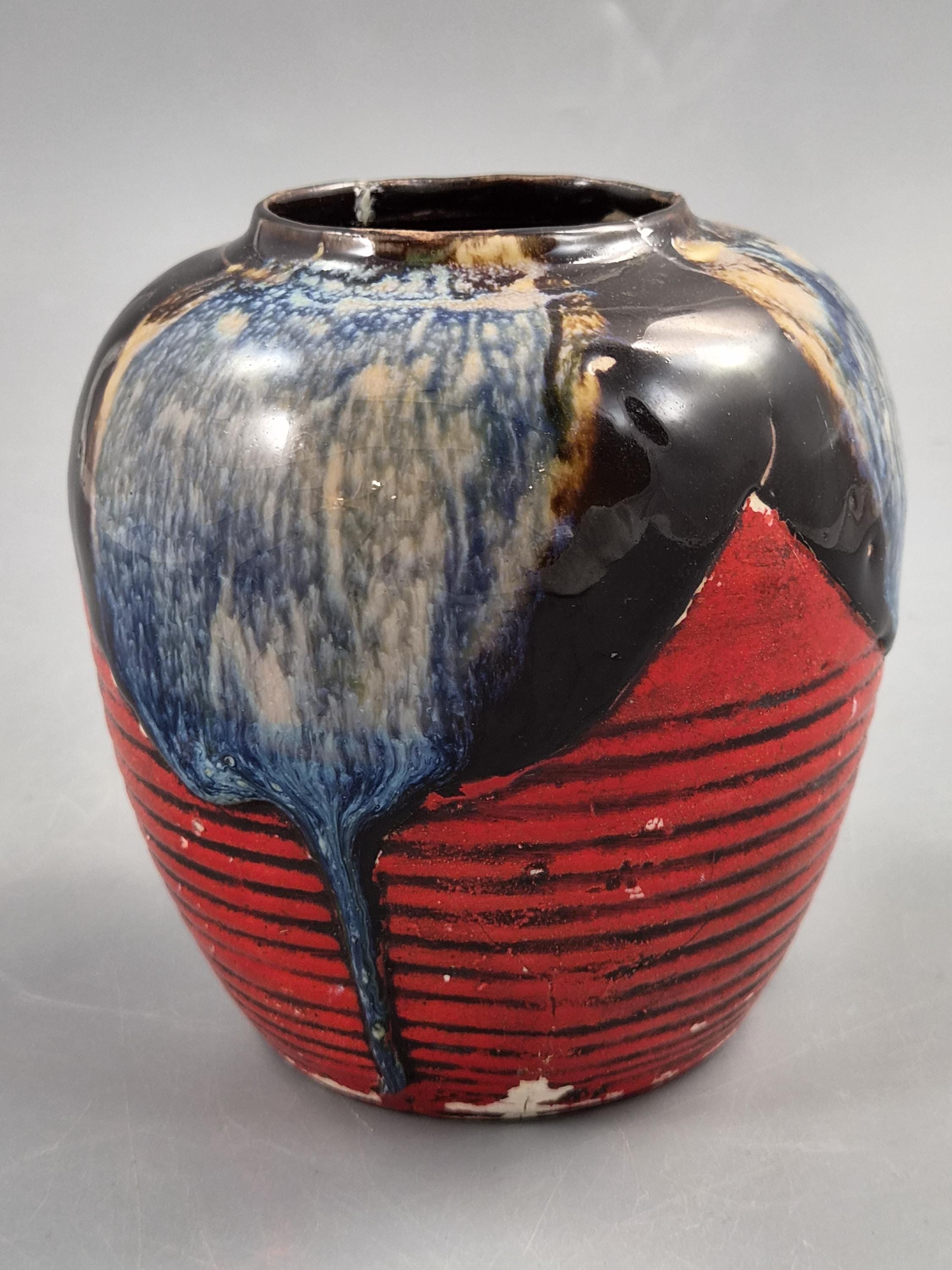 Japanese Sumida Gawa Jar Vase, Climbing Figure, Blue Flambé Glaze, Taishō–Shōwa c.1920–30s