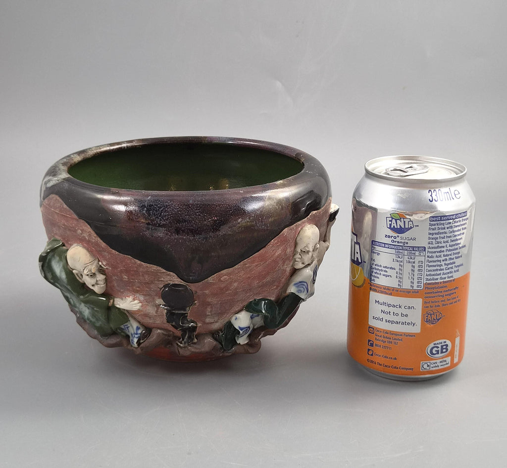 Japanese Sumida Gawa Bowl Signed Inoue Ryōsai, Figures in Relief, Meiji–Taishō c.1900