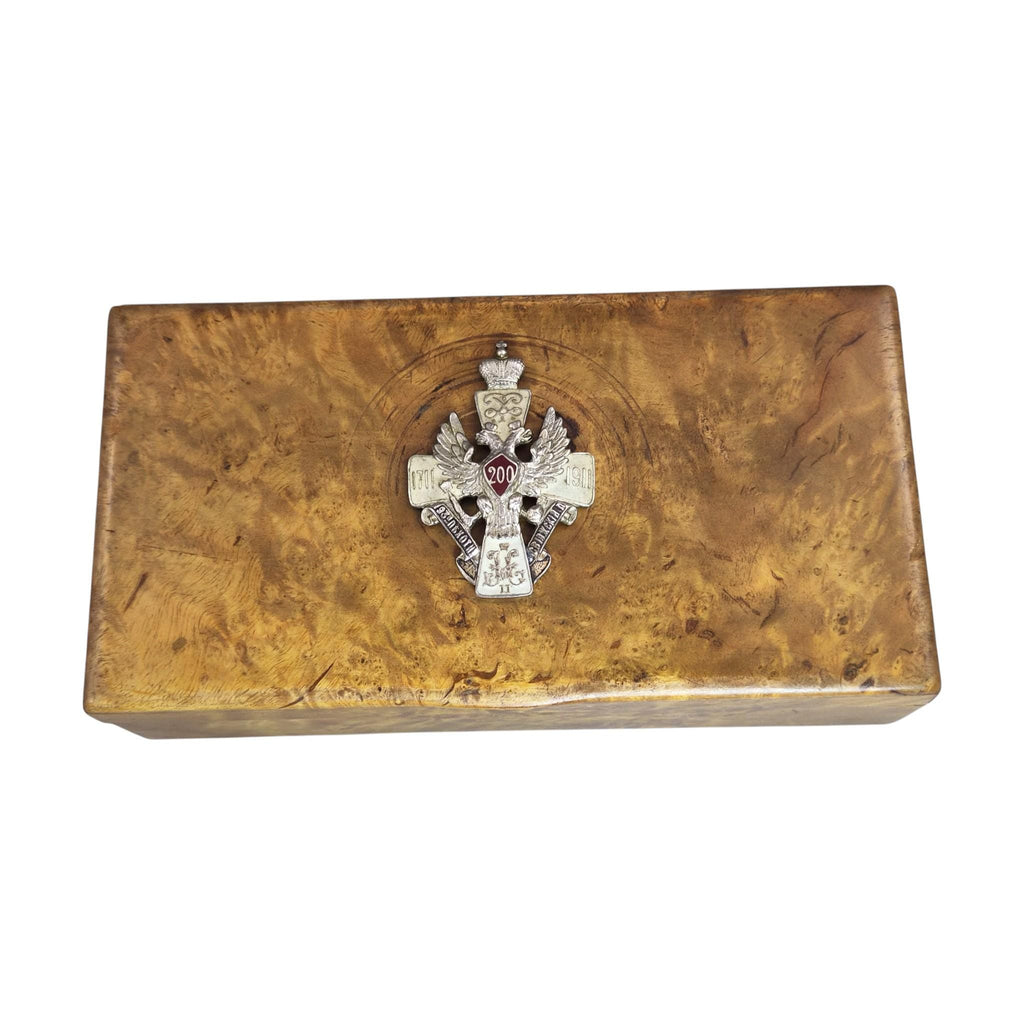 1914 Romanov Era Karelian Birch Officer Box with Silver Enamel Badge