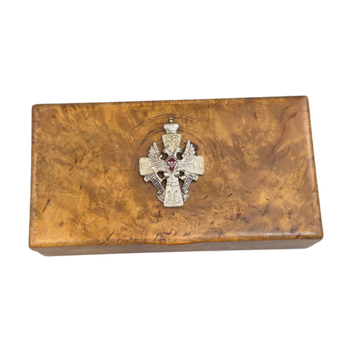 1914 Romanov Era Karelian Birch Officer Box with Silver Enamel Badge