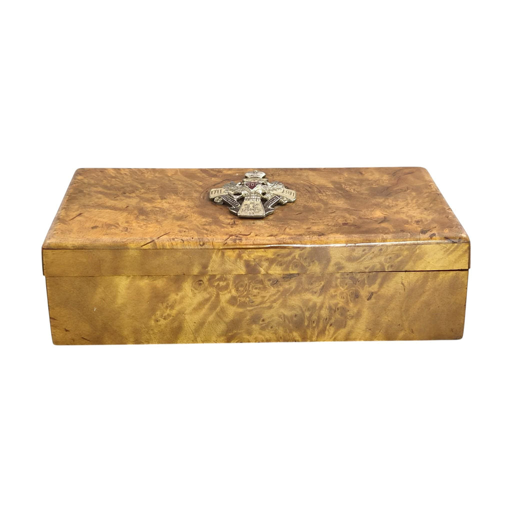 1914 Romanov Era Karelian Birch Officer Box with Silver Enamel Badge