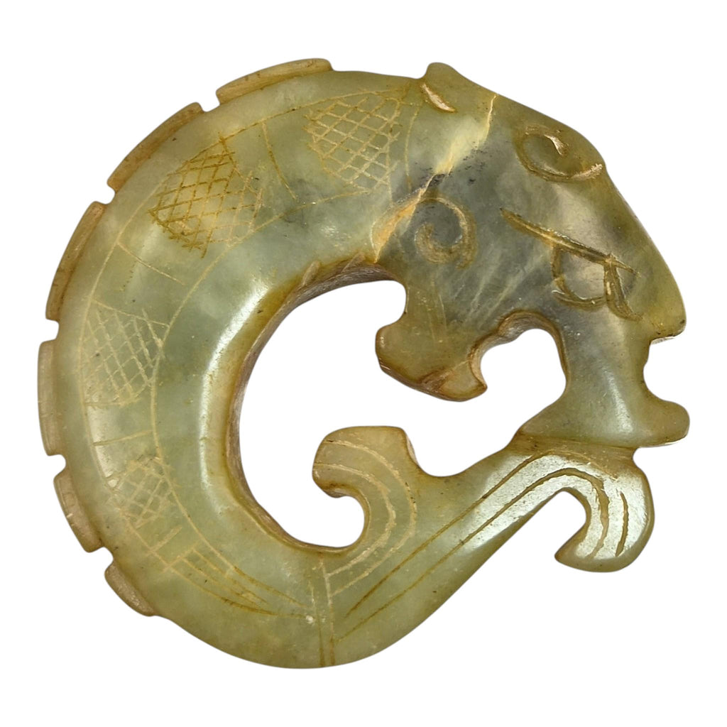 Chinese Hand-Carved Stone Amulets in Archaic Style (Fangu), Qilin Bi Disc, Chilong Dragon & Carp