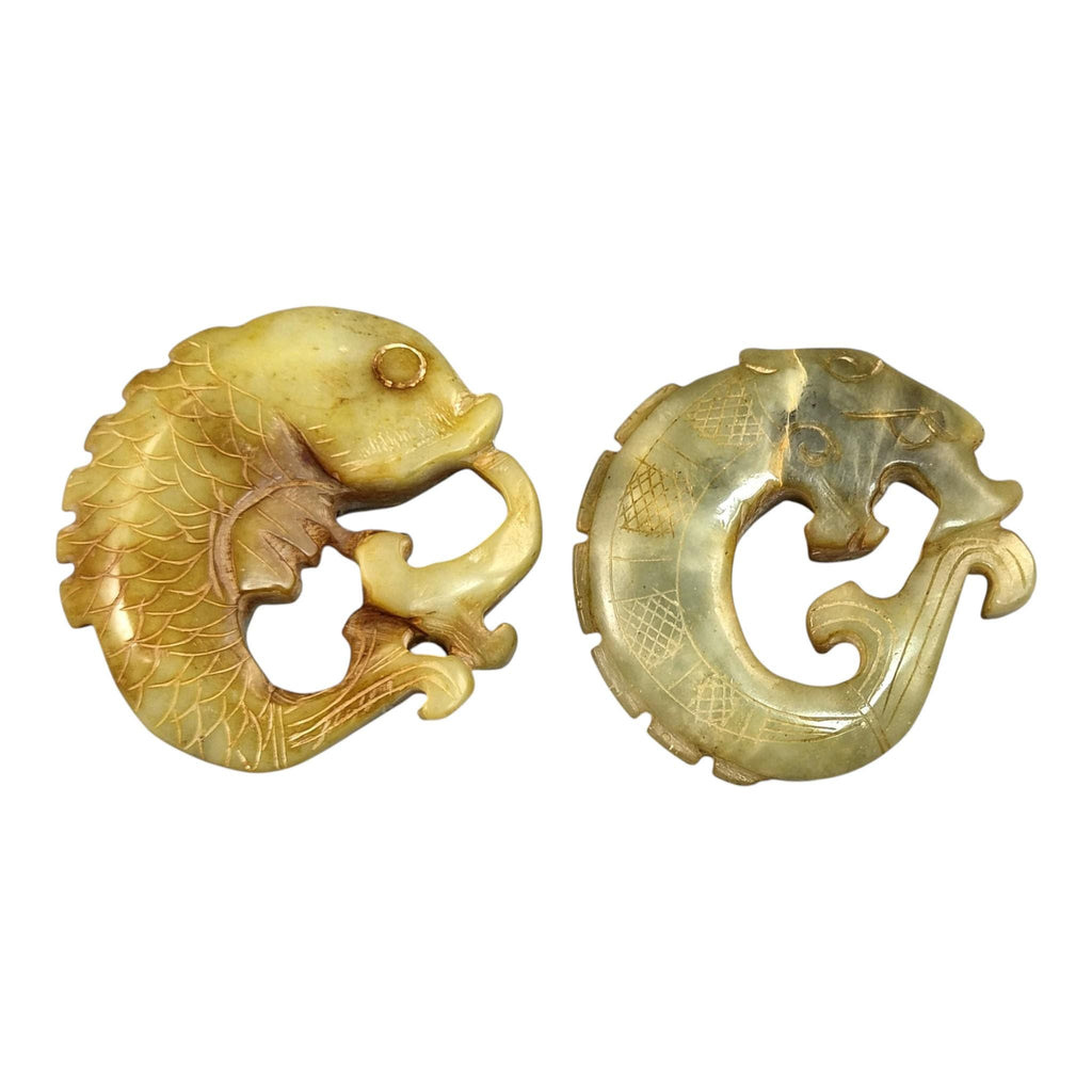 Chinese Hand-Carved Stone Amulets in Archaic Style (Fangu), Qilin Bi Disc, Chilong Dragon & Carp