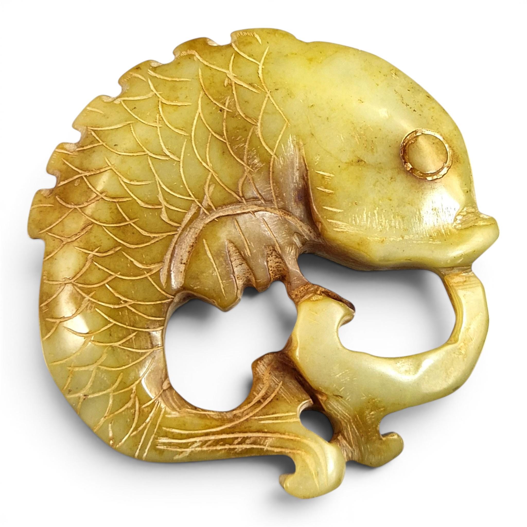 Chinese Hand-Carved Stone Amulets in Archaic Style (Fangu), Qilin Bi Disc, Chilong Dragon & Carp
