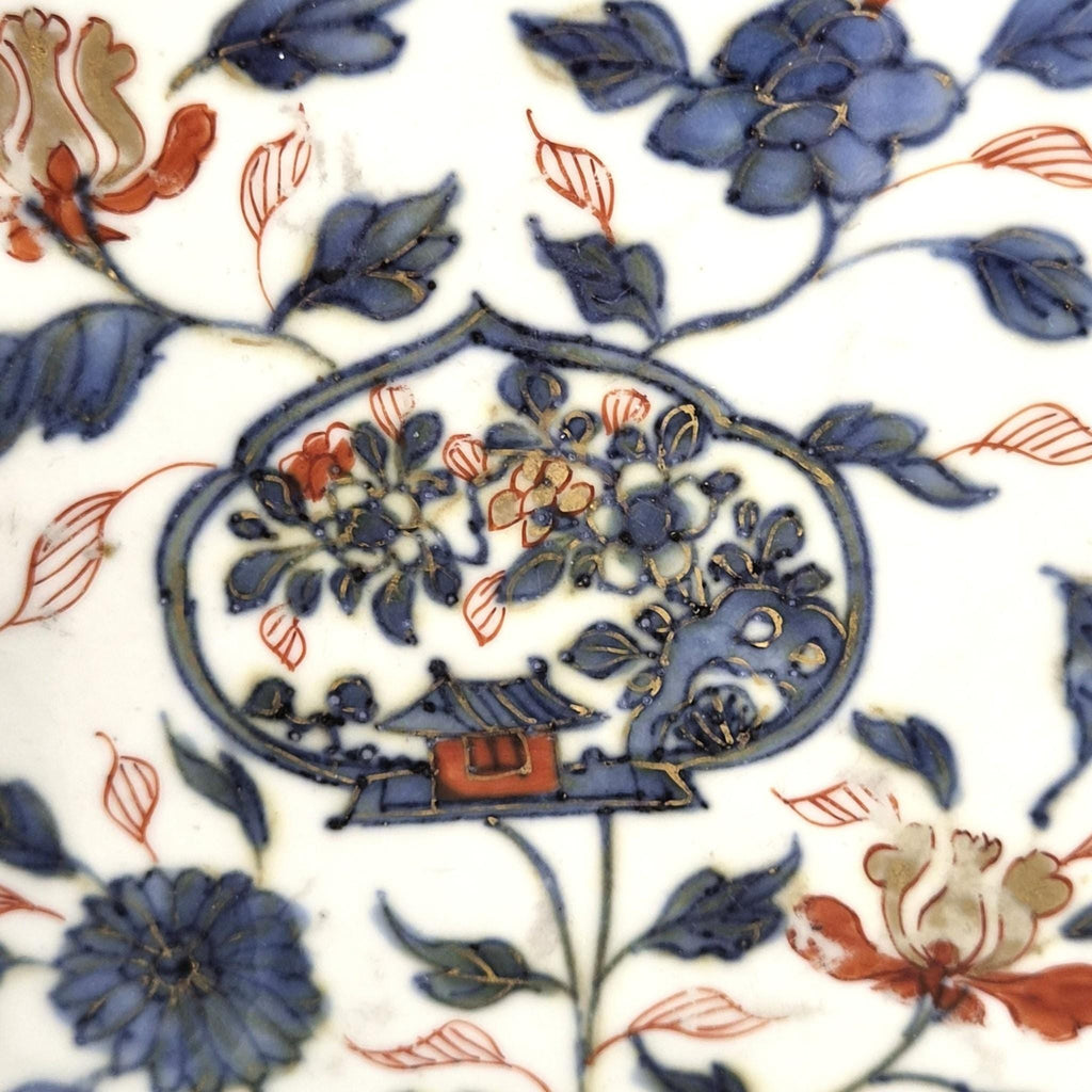 Chinese Imari Kangxi Chamfered Square Porcelain Bowl, Garden Pavilion, Qing Dynasty, c.1700-1720