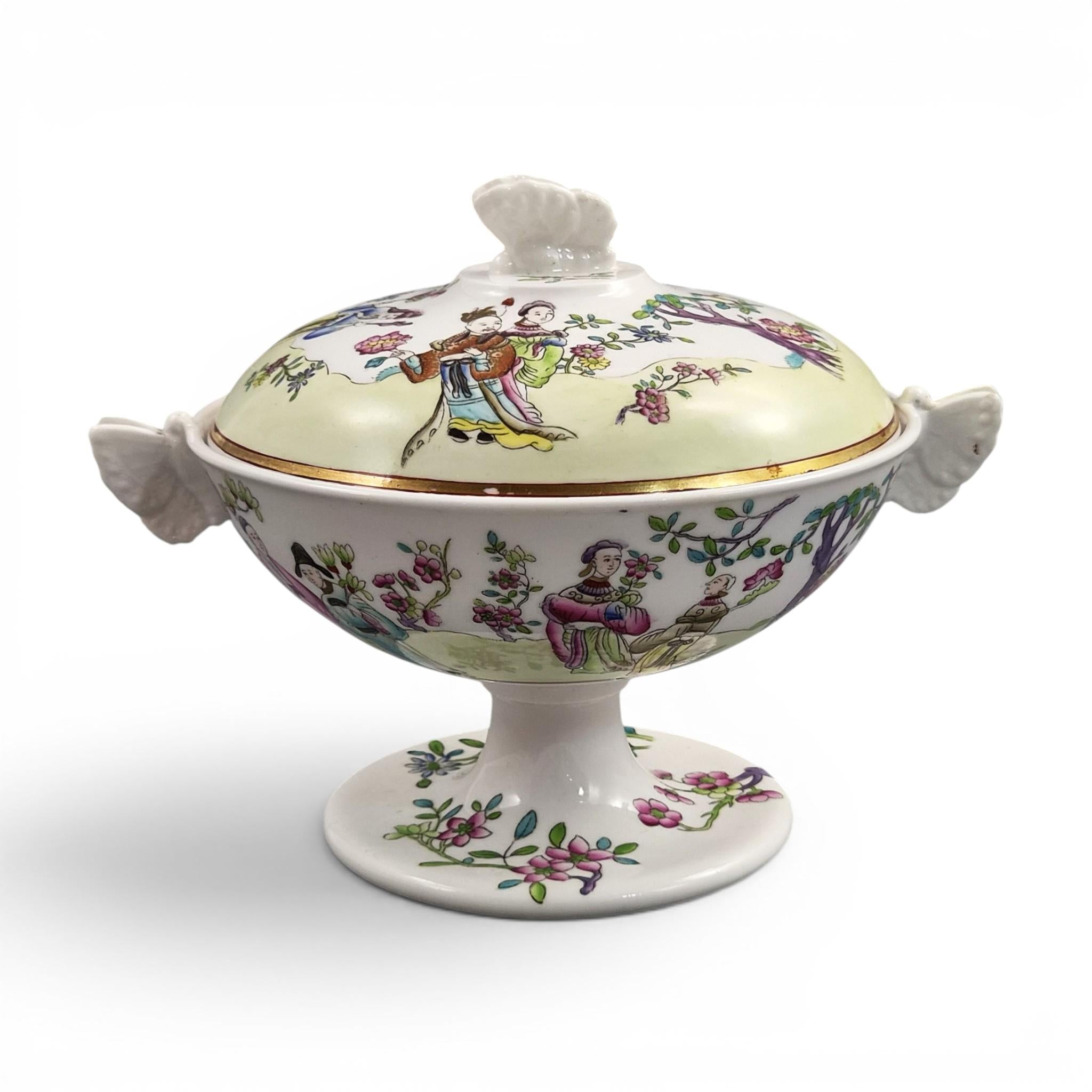 Rare Spode Felspar Porcelain Butterfly Handled Covered Pedestal Bowl c1821 Chinoiserie