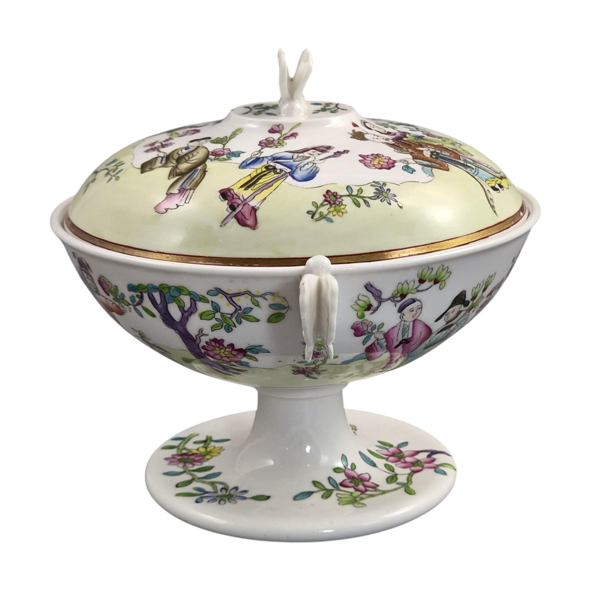 Rare Spode Felspar Porcelain Butterfly Handled Covered Pedestal Bowl c1821 Chinoiserie
