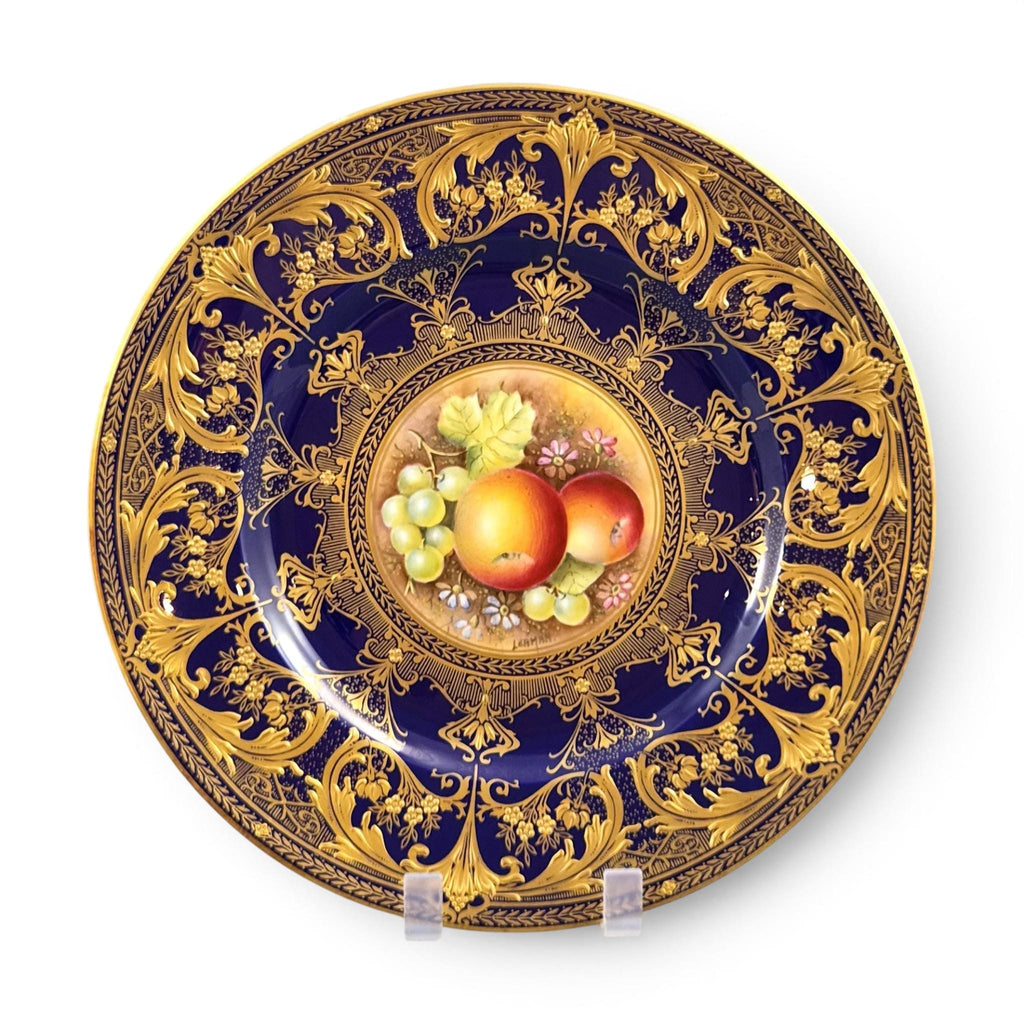 Royal Worcester Brian Leaman Painted Fruit Cabinet Plate Cobalt Gold c.1970s