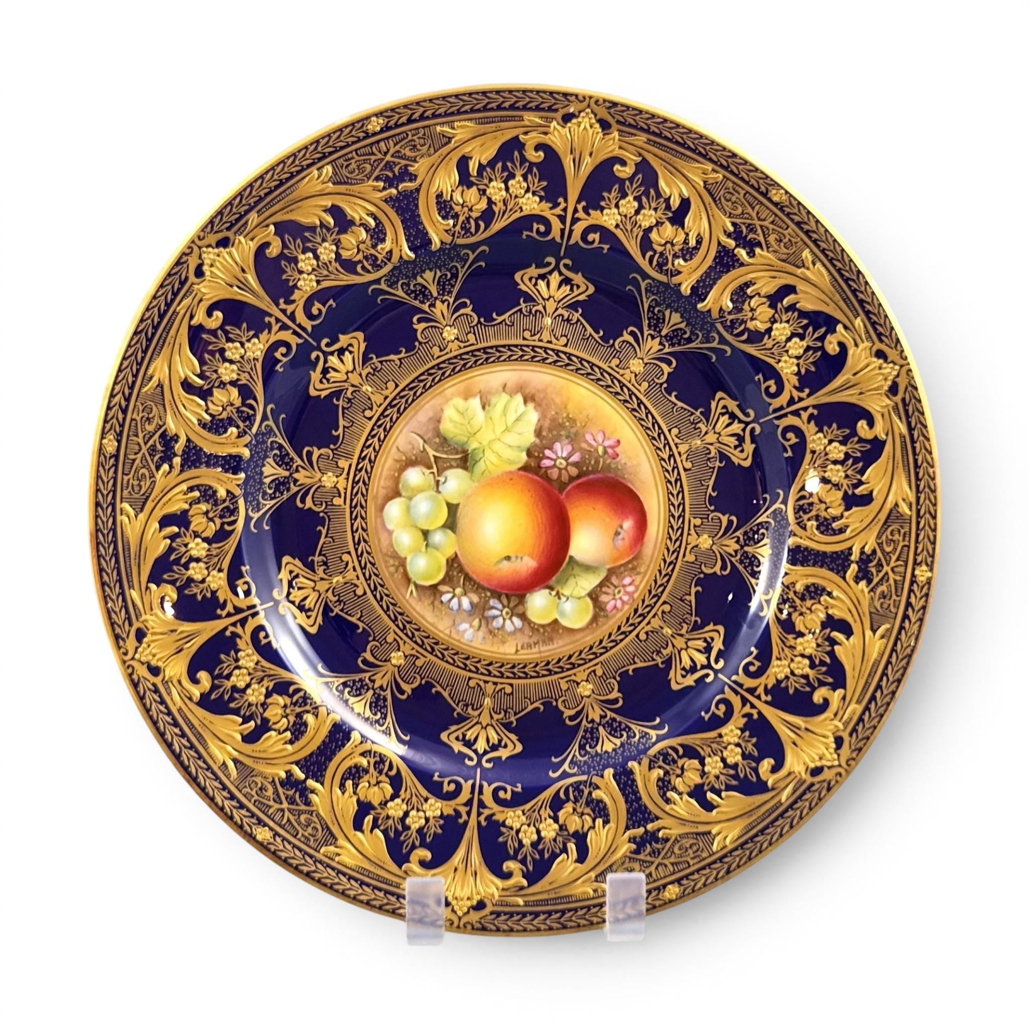 Royal Worcester Brian Leaman Painted Fruit Cabinet Plate Cobalt Gold c.1970s