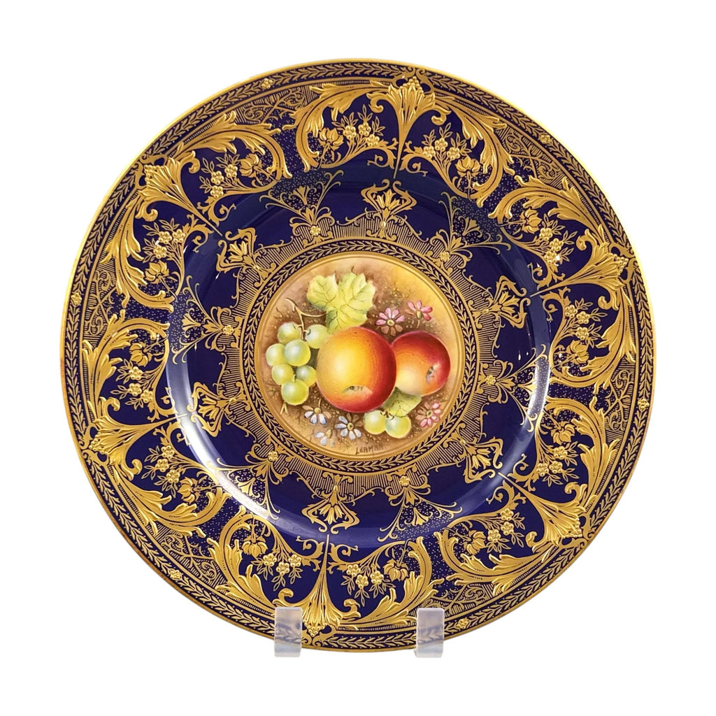 Royal Worcester Brian Leaman Painted Fruit Cabinet Plate Cobalt Gold c.1970s