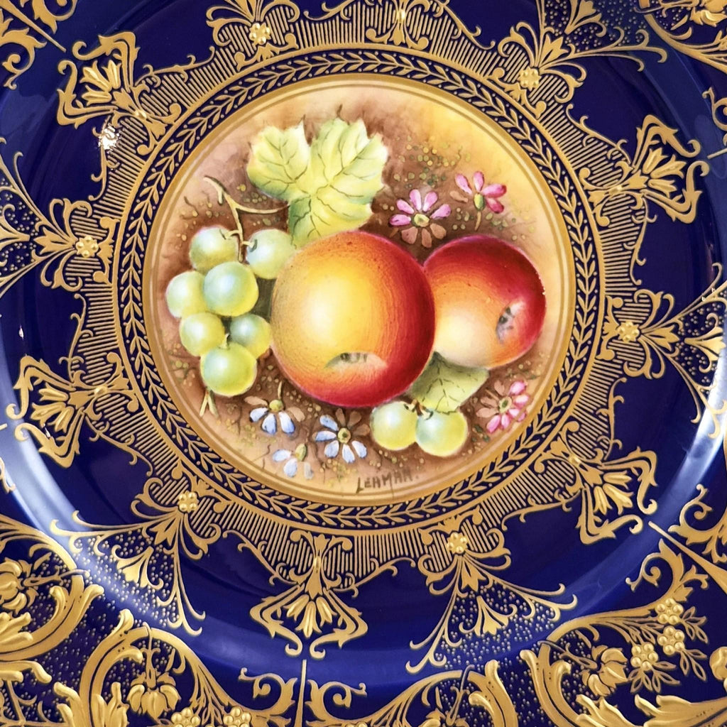Royal Worcester Brian Leaman Painted Fruit Cabinet Plate Cobalt Gold c.1970s