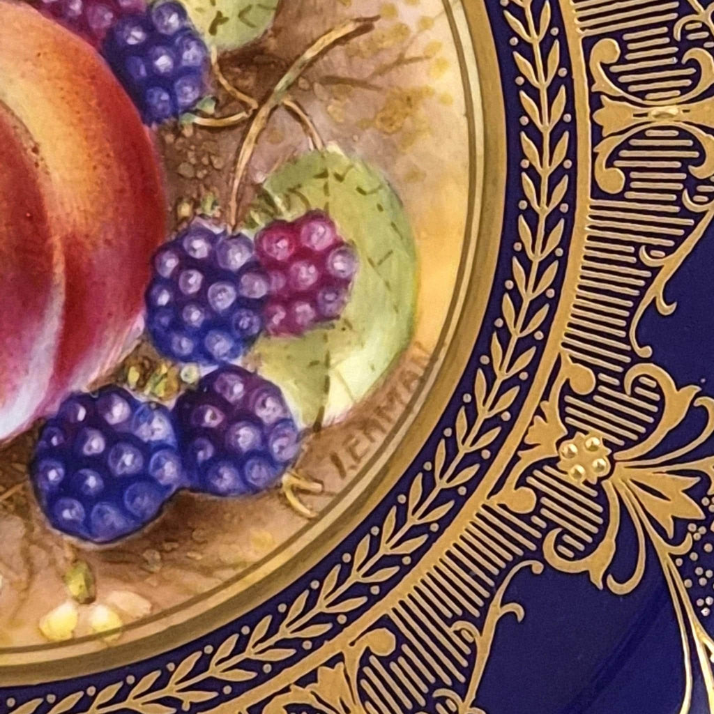 Royal Worcester Brian Leaman Painted Fruit Cabinet Plate Cobalt Gold c.1970s