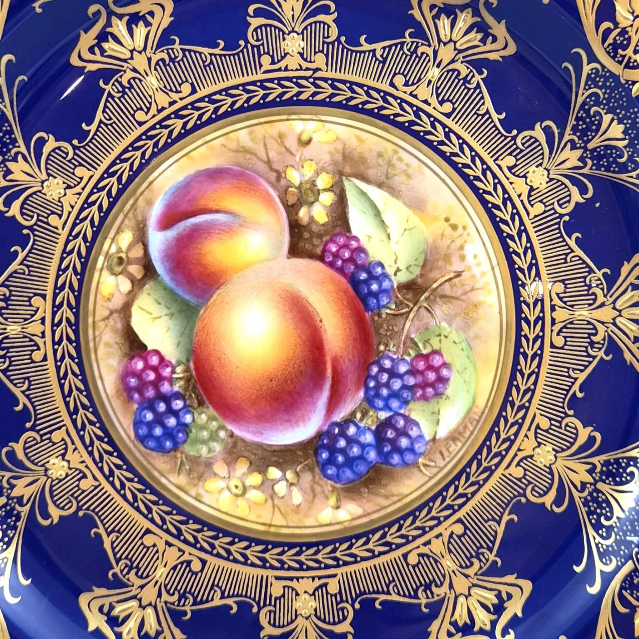 Royal Worcester Brian Leaman Painted Fruit Cabinet Plate Cobalt Gold c.1970s