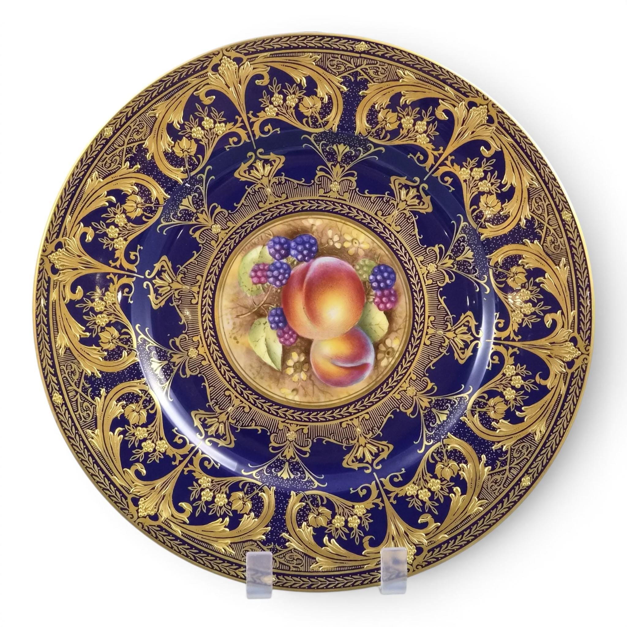 Royal Worcester Brian Leaman Painted Fruit Cabinet Plate Cobalt Gold c.1970s