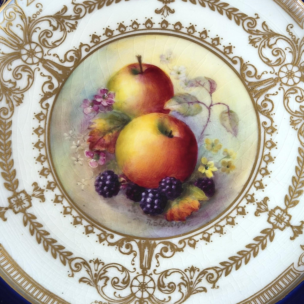 Royal Worcester Richard Sebright Painted Fruit Cabinet Plate, Cobalt & Gold, 1935