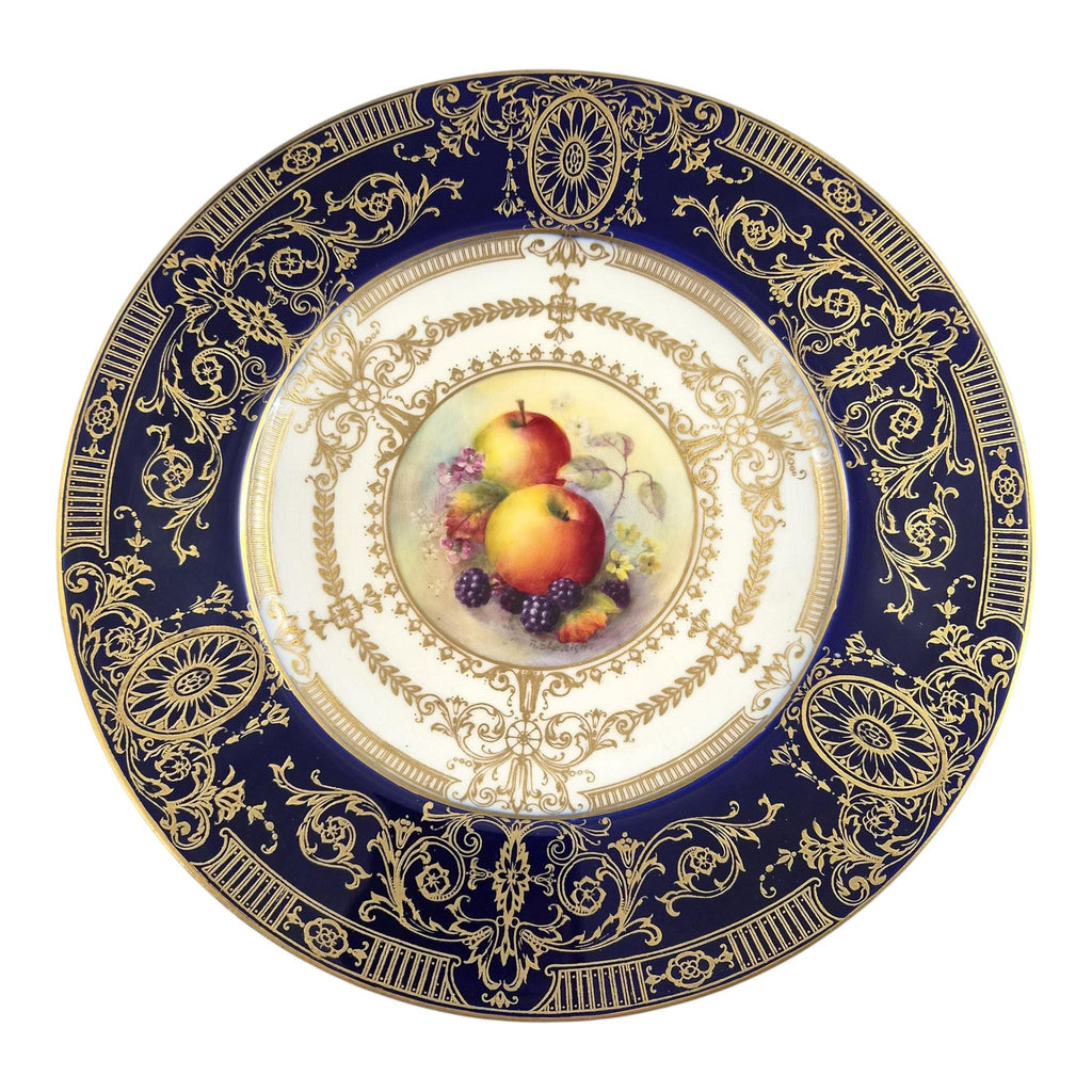Royal Worcester Richard Sebright Painted Fruit Cabinet Plate, Cobalt & Gold, 1935