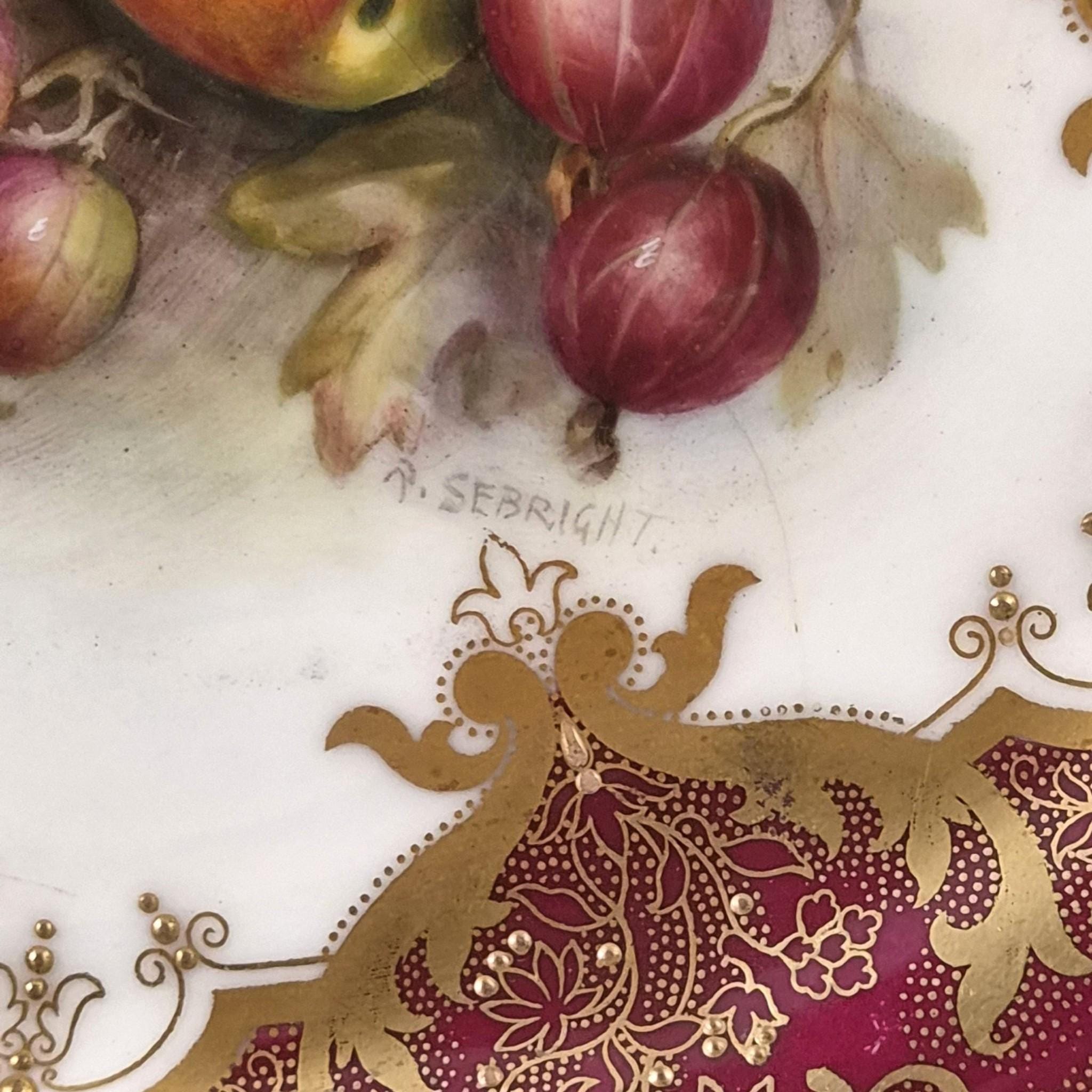 Royal Worcester Richard Sebright Painted Fruit Cabinet Plate 1918 Claret & Gold