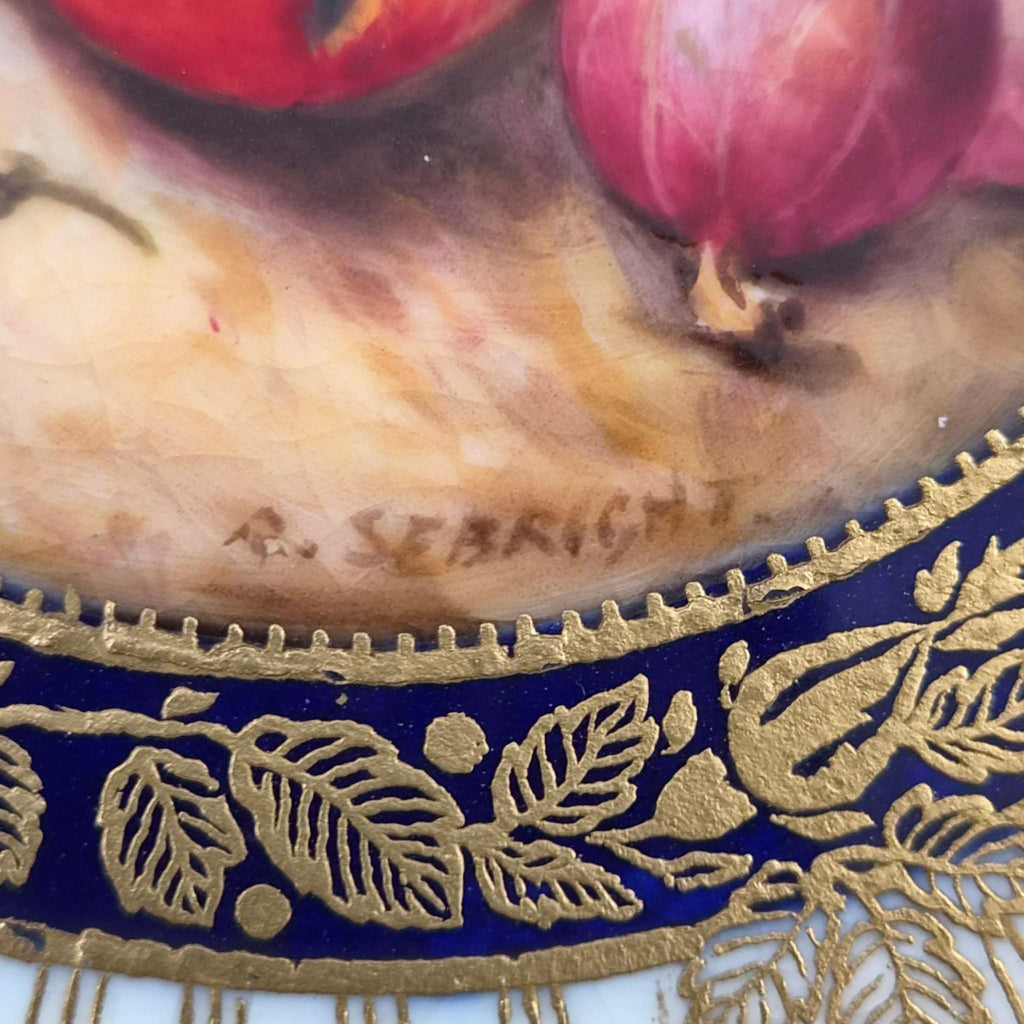 Royal Worcester Richard Sebright Signed Painted Fruit Cabinet Plate, C1970, Cobalt & Gold, 1923