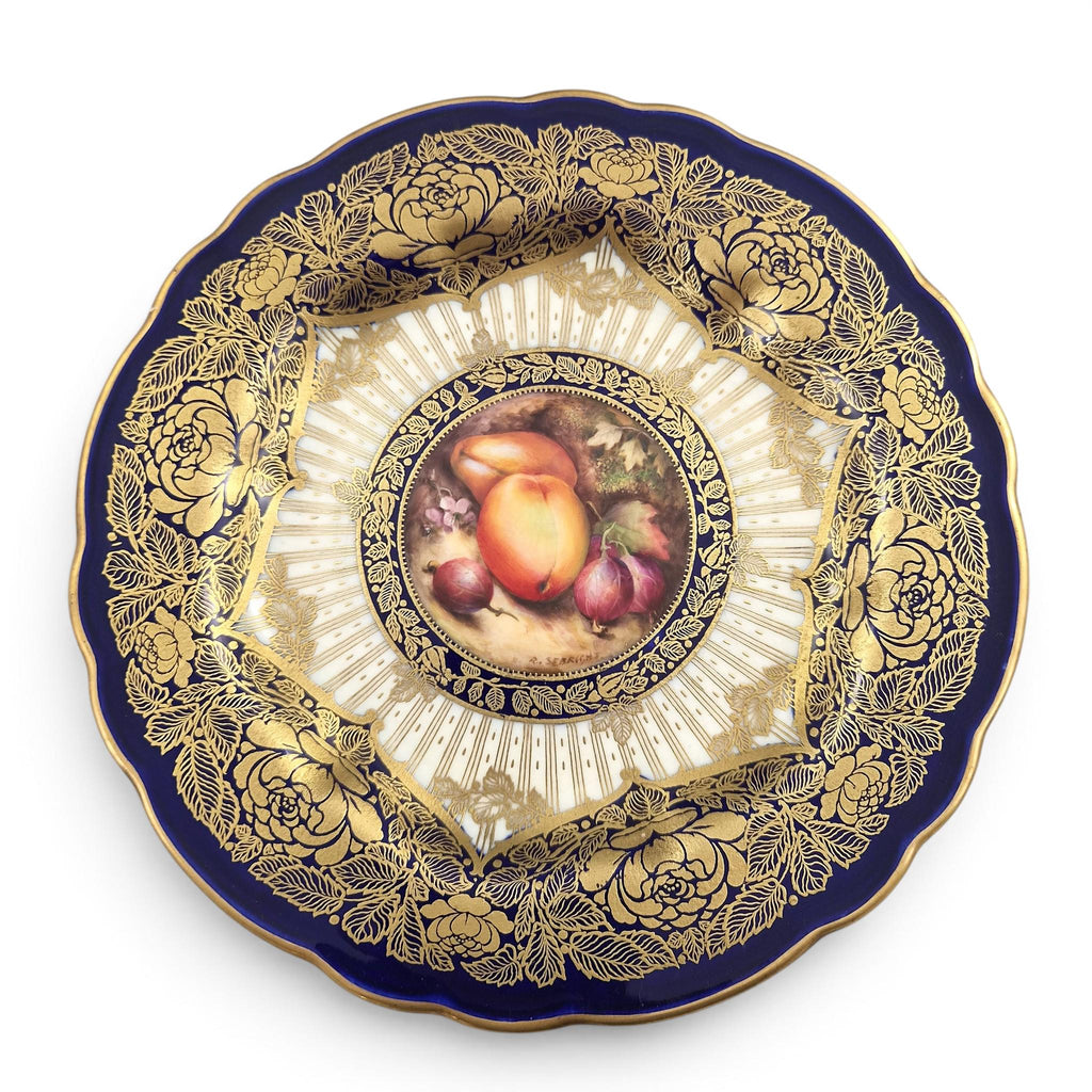 Royal Worcester Richard Sebright Signed Painted Fruit Cabinet Plate, C1970, Cobalt & Gold, 1923