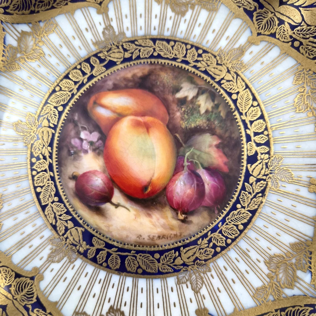 Royal Worcester Richard Sebright Signed Painted Fruit Cabinet Plate, C1970, Cobalt & Gold, 1923