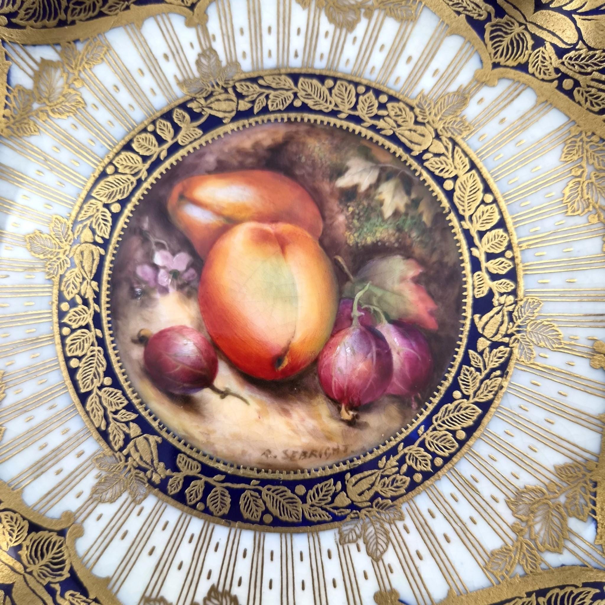 Royal Worcester Richard Sebright Signed Painted Fruit Cabinet Plate, C1970, Cobalt & Gold, 1923