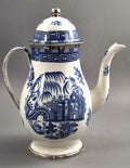 Rare Caughley Georgian Coffee Pot & Cover Temple Landscape Pattern Blue and White Transferware Chinoiserie Silver Mounted c.1780 English