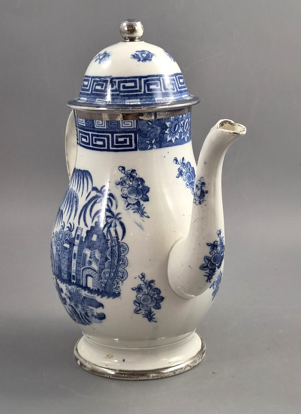 Rare Caughley Georgian Coffee Pot & Cover Temple Landscape Pattern Blue and White Transferware Chinoiserie Silver Mounted c.1780 English