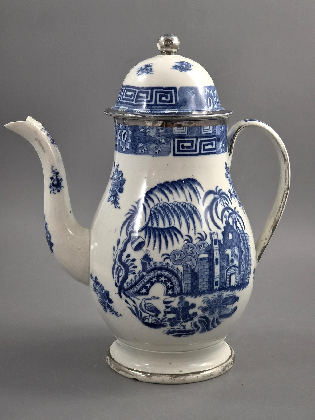 Rare Caughley Georgian Coffee Pot & Cover Temple Landscape Pattern Blue and White Transferware Chinoiserie Silver Mounted c.1780 English