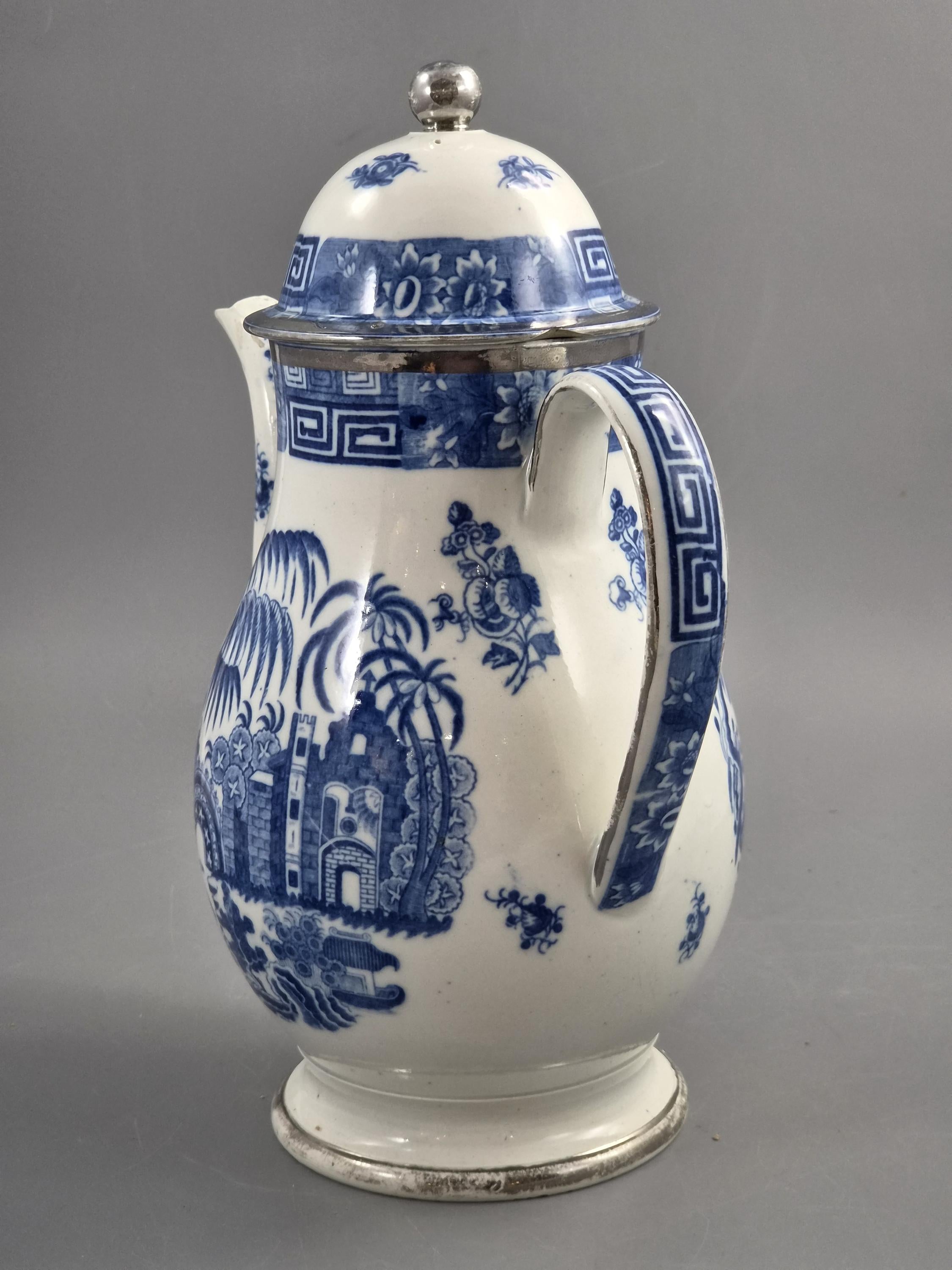 Rare Caughley Georgian Coffee Pot & Cover Temple Landscape Pattern Blue and White Transferware Chinoiserie Silver Mounted c.1780 English
