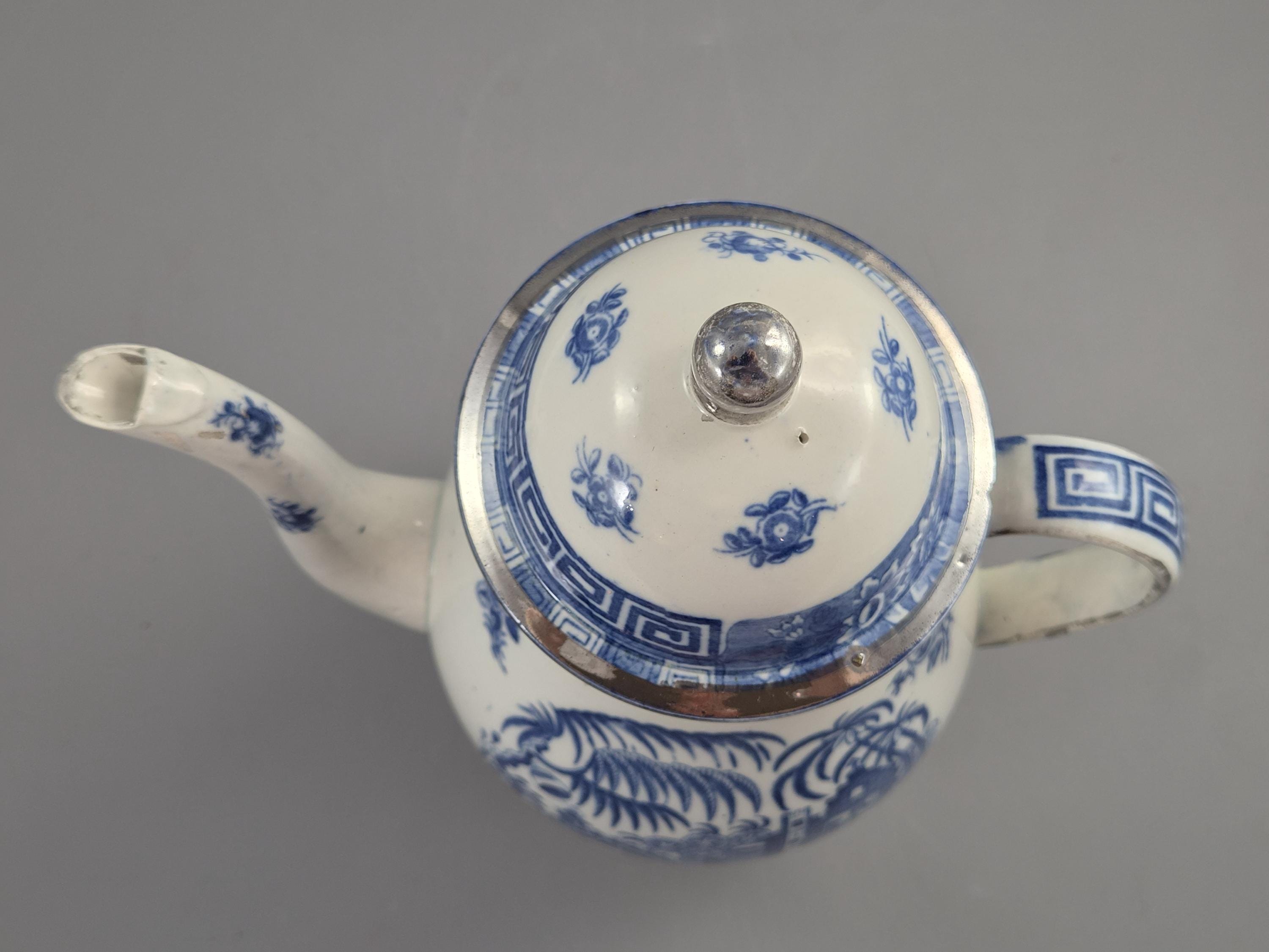 Rare Caughley Georgian Coffee Pot & Cover Temple Landscape Pattern Blue and White Transferware Chinoiserie Silver Mounted c.1780 English