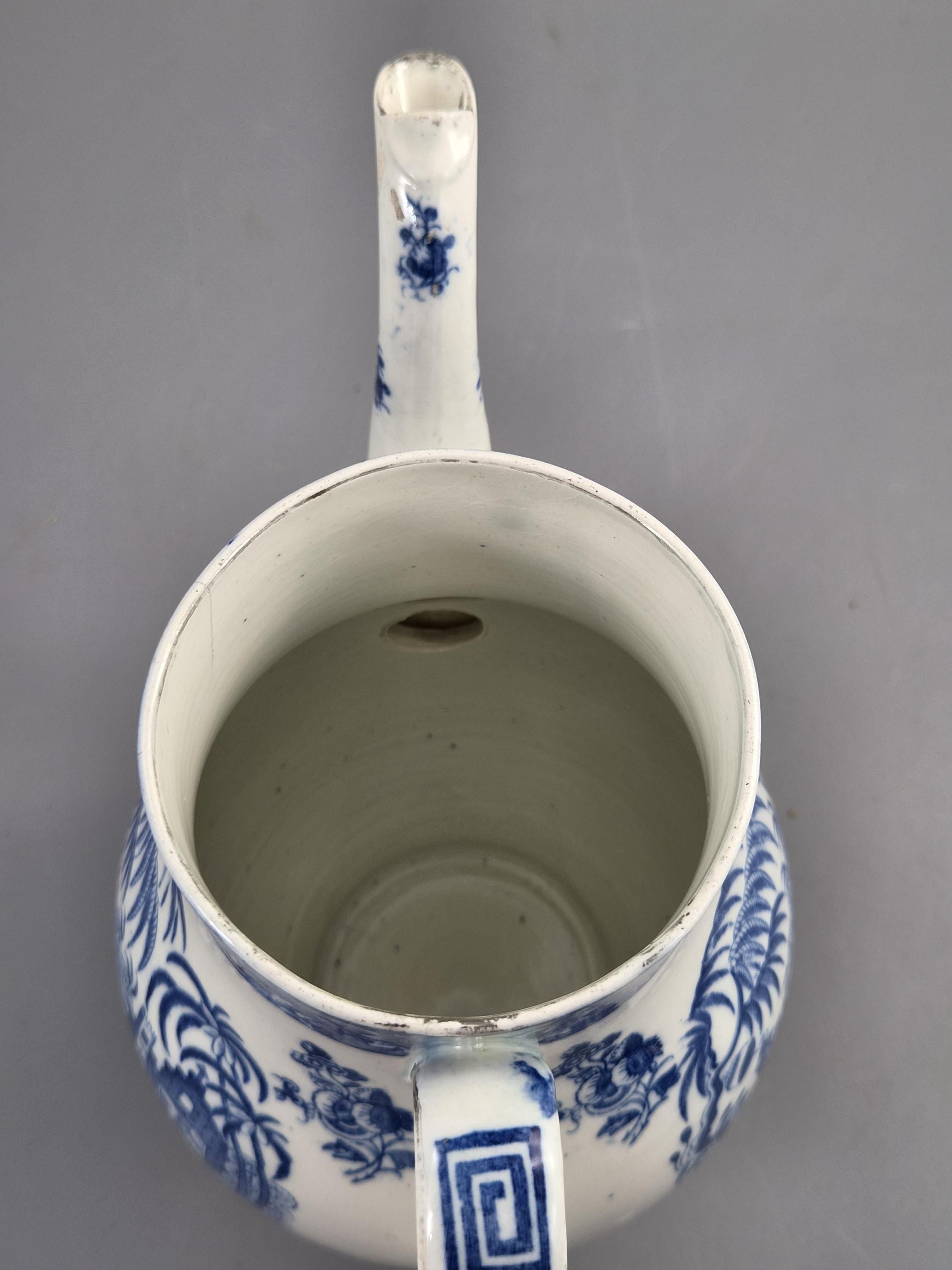Rare Caughley Georgian Coffee Pot & Cover Temple Landscape Pattern Blue and White Transferware Chinoiserie Silver Mounted c.1780 English