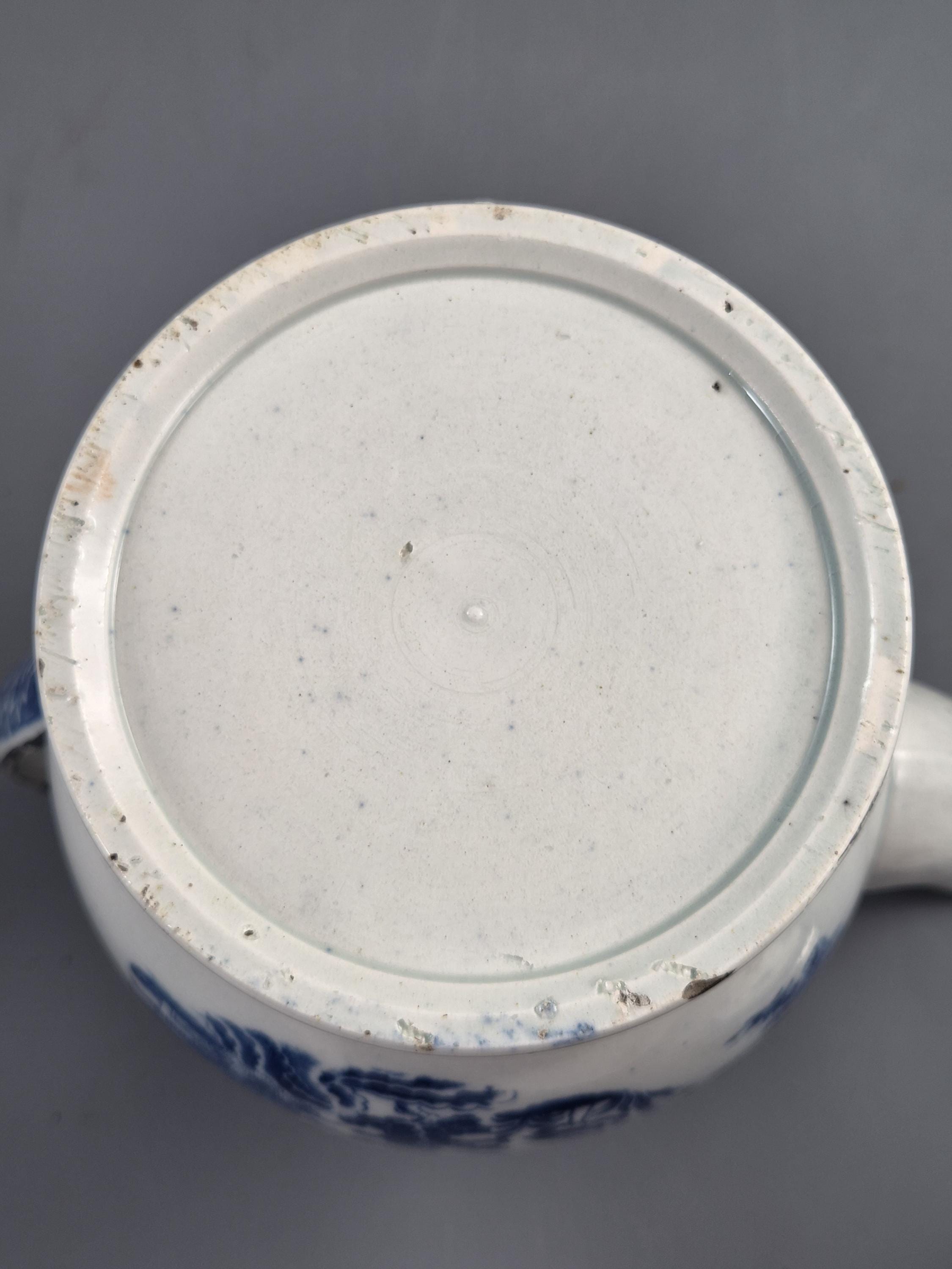 Rare Caughley Georgian Coffee Pot & Cover Temple Landscape Pattern Blue and White Transferware Chinoiserie Silver Mounted c.1780 English
