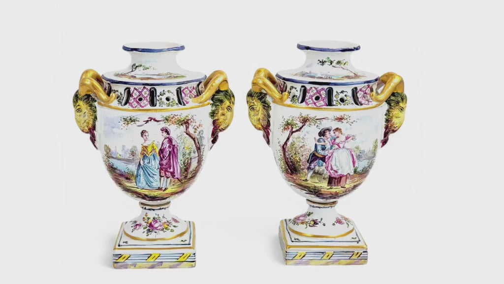 Rare Veuve Perrin Faience Urns: 18th Century French Pastoral Decor