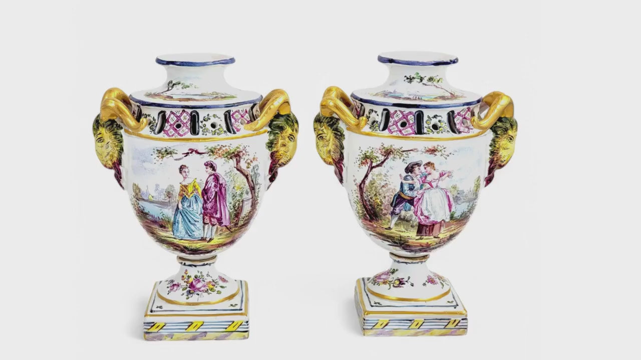 Rare Veuve Perrin Faience Urns: 18th Century French Pastoral Decor